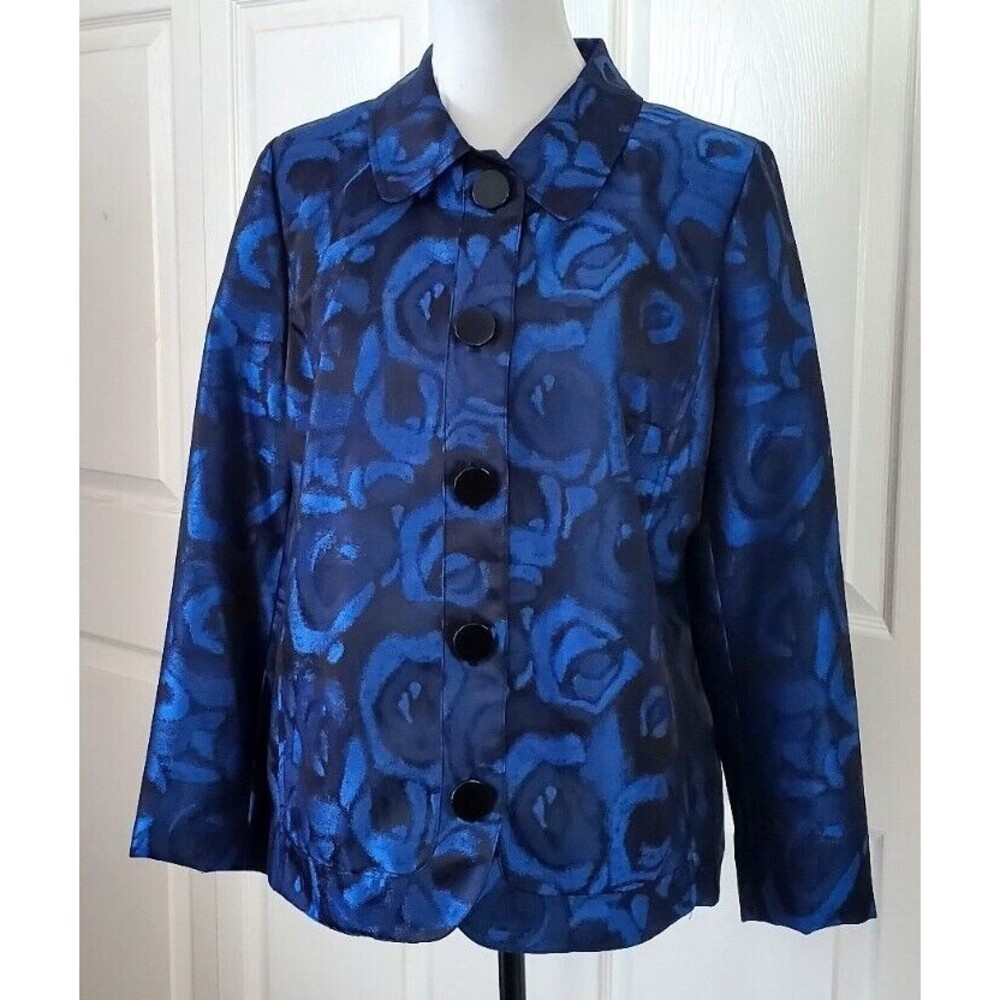 LAURA ASHLEY Sz M Black Blue Floral Blazer Dressy Jacket Evening Wear Party EUC